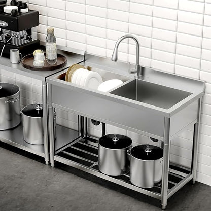 GGW 2-Compartment Commercial Sink, Stainless Steel Utility Sink with Pull-out Faucet, Free Standing Double Bowl Kitchen Sink for Restaurant, Garage, Shop, Cafe, Outoor, 21.7"D x 47.2"W x 37"H