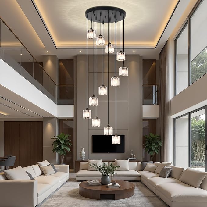 Long Chandeliers for High Ceilings Raindrop Crystal Chandelier for High Ceilings, Modern Staircase Foyer Crystal Pendant Light Raindrop Drop Lamp Chandelier for Entryway 12-Light Black