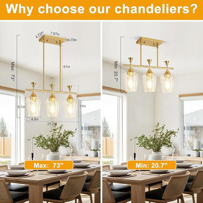 21.2" Dining Room Light Fixture/Chandelier Over Table, 3-Light Brushed Gold Kitchen Island Lighting with Clear Glass Shade, Modern Hanging Pendant Lights Fixture for Kitchen Island, Dining Room, Bar