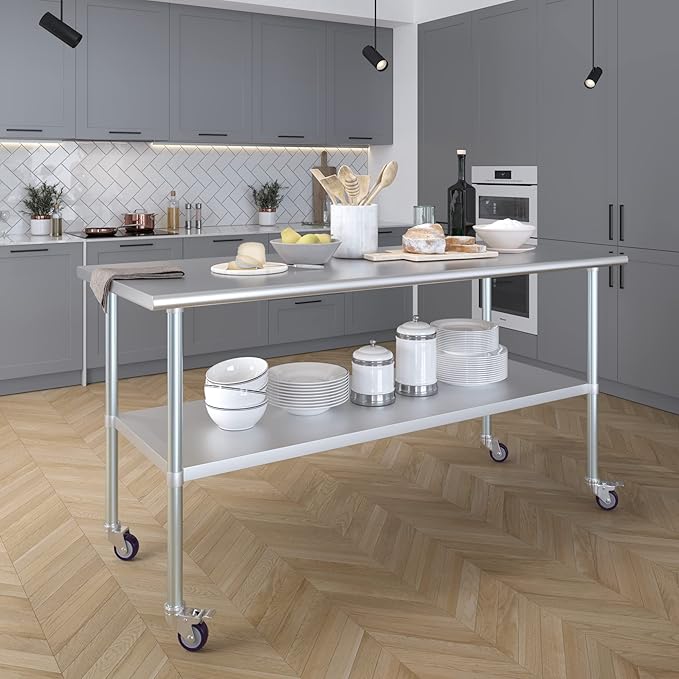 Stainless Steel Work Table with Wheels | NSF Kitchen Island Food Prep | Laundry Garage Utility Bench (Table + Wheels, 72" Long x 30" Deep)