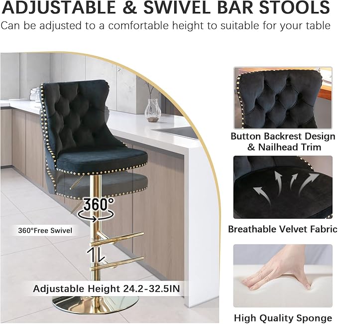 yeag 31.5'' Luxury Gold Bistro Table and Adjustable Chairs Set for 4, Small Round Glass Bar Table 4 Adjustable Velvet Swivel Bar Stools for Pub (Gold Metal Legs, Clear Top + Black Chair)