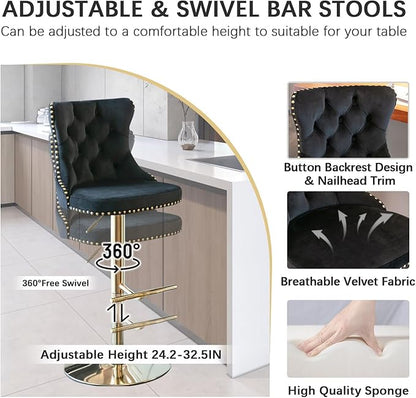 Small Round Glass Bar Height Table and Chairs Set for 2, Pub Table with Farmhouse Adjustable Velvet Bar Stools Island Chairs, Gold Dinner Table Set (Gold Metal Legs, Clear Top + Black Chair)