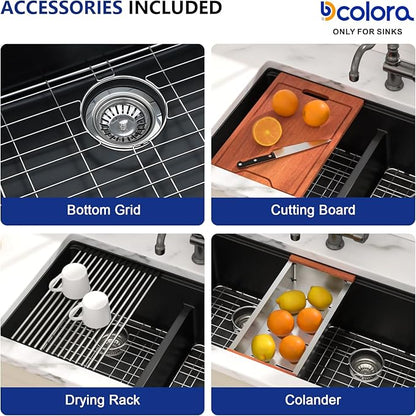Dcolora 33 Inch Granite Composite Kitchen Sink Black Ktichen Sink Workstation 50/50 Double Bowl Quartz Under Counter Sinks Classic Matte Black 33“×19"×10，#DC-GX3328