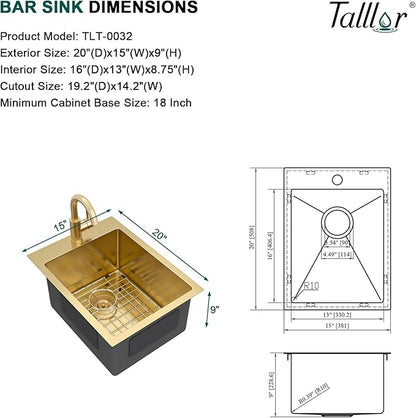 15 x 20 Inch Gold Drop In Bar Sink with Faucet, 16 Gauge 304 Stainless Steel Single Bowl Sink with Gold Finish for Kitchen Bars, RV, and Boat #TLT-0031