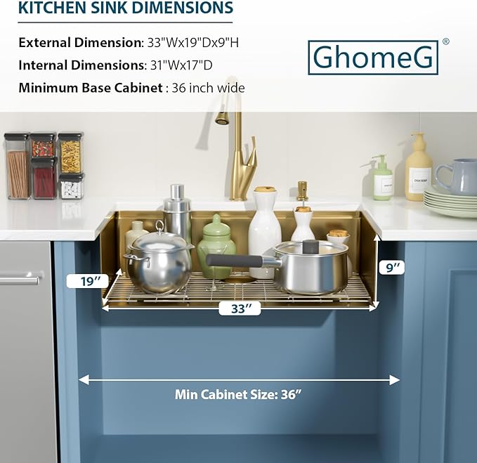 33 Undermount Gold Kitchen Sink Workstation 16 Gauge Stainless Steel 9 In Deep Kitchen Sinks with Practical Accessories
