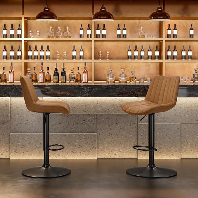 Bar Stools Set of 2, Swivel Adjustable Barstools, with Back Support, PU Leather Counter Height Bar Chairs for Kitchen Island Rustic Barstool, Brown (Brown + PU Leather + Foam-1)