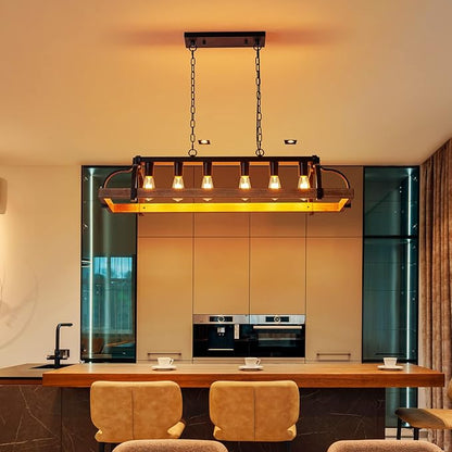 WUZUPS 6-Light Metal Pot Hanging Rack Chandelier Imitation Light Wood Grain Linear Pendant Ceiling Lighting Rustic Farmhouse Fixture Kitchen Island Dining Room, H 9.8" L 40.6" W11.8, E26 Base, Black