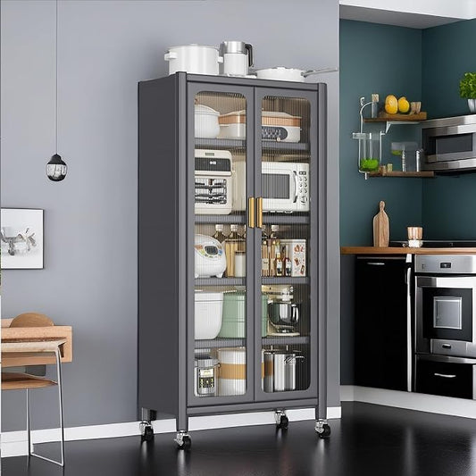 67.3" Kitchen Pantry Storage Cabinet with Acrylic Glass Door, Adjustable Shelves & Wheels,Metal Tall Food Pantries Cabinets,for Kitchen, Living Room and Dining Room, Gray