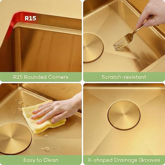 LQS Double Bowl Kitchen Sink, Undermount/Drop In Kitchen Sink, Double Bowl Stainless Steel Kitchen Sinks, 16 Gauge Stainless Steel Handmade Sinks (Gold, 30" x 22" x 10")