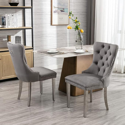 Ball & Cast Contemporary Upholstered Dining Chairs Set of 2, Velvet Button Tufted Kitchen Side-Chairs with Hang Ring & Nailhead Trims & Chrome Solid Wood Legs, 2-Piece Traditional Chair, Chrome+Gray