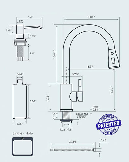 FORIOUS Kitchen Faucets with Soap Dispenser and Pull Down Sprayer, Brushed Nickel, Bar High Arc Single Handle Classic 3 Modes Stainless Steel Faucet for Kitchen Sink Farmhouse RV Laundry Camper