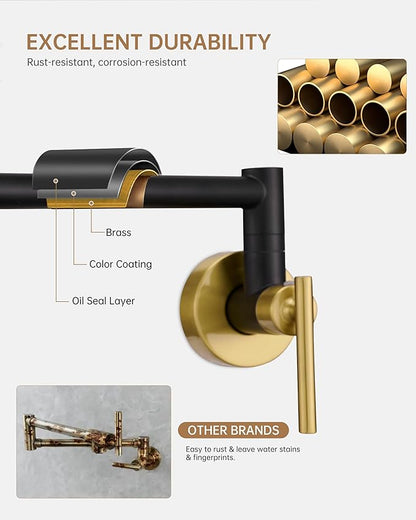 Fransiton Black Gold Pot Filler, Pot Filler Faucet Wall Mount, Brass Folding Stretchable with Double Joint Swing Arm Single Hole Two Handles Kitchen