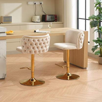 Furniture,Swivel Bar stools Adjusatble Seat Height with Gold Plating Base, Classic Velvet Upholstered Bar Stools with The Whole Back Tufted, for Home Pub and Kitchen Island,Beige, Set of 2