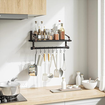 Love-KANKEI Floating Shelf Wall Shelf for Storage Rustic Wood Kitchen Spice Rack with Towel Bar and 8 Removable Hooks for Organize Cooking Utensils or Mugs Black/Brown Brackets