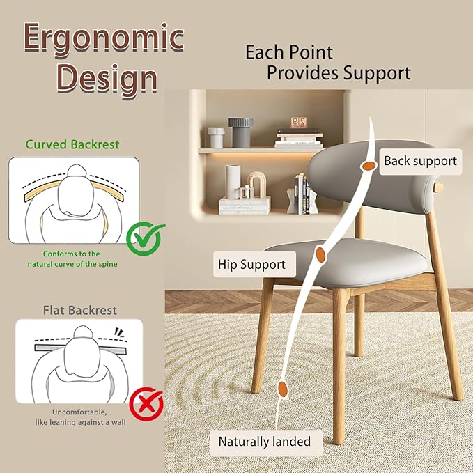 Upholstered Dining Chairs Set of 4, Kitchen Chairs with Solid Wooden Frame Leather Padded Seat, Modern Farmhouse Decor Dining Room Chair for Home Office Living Room Vanity,Natural/Gray Leather