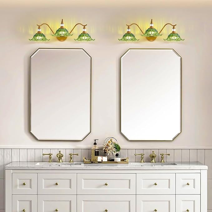 Vintage Bathroom Vanity Light Fixtures - 3 Light Antique Brass Bathroom Lights Fixture Over Mirror with Green Flower Glass,Retro Brushed Gold Bronze Wall-Mounted Vanity Lighting for Powder Room