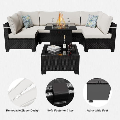 8 Piece Patio Furniture Set with Fire Pit Table, Wicker Outdoor Sectional Sofa Set, Conversation Sets with Comfy, High-Resilience Foam Anti-Slip Cushions for Backyard, Garden, Deck(Brown/Beige)