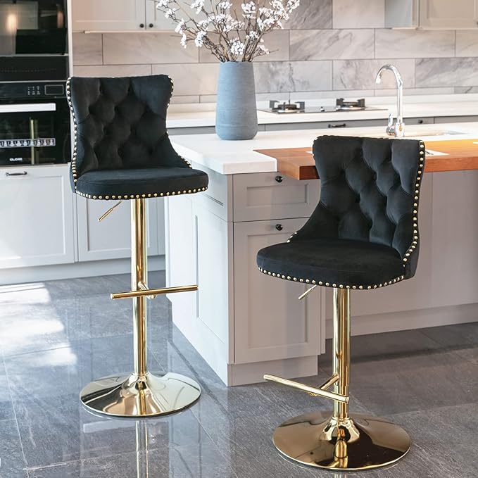 Rhomtree Velvet Swivel Bar Stools Upholstered Bar Stool with Button Tufted Back and Pull Ring Height Adjustable Barstools 25-33 Inch for Home Pub and Kitchen Island (Black with Gold Base, Set of 2)
