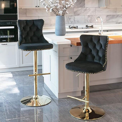 Rhomtree Velvet Swivel Bar Stools Upholstered Bar Stool with Button Tufted Back and Pull Ring Height Adjustable Barstools 25-33 Inch for Home Pub and Kitchen Island (Black with Gold Base, Set of 2)