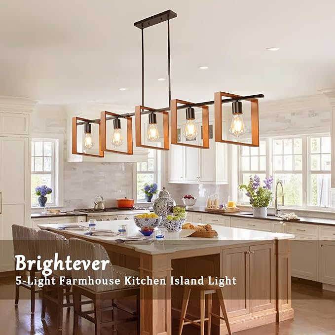 5-Light Farmhouse Kitchen Island Lighting, Adjustable Dining Room Light Fixtures, Black Rustic Wood Farmhouse Chandelier Hanging Ceiling Light for Kitchen,Bulbs Not Included