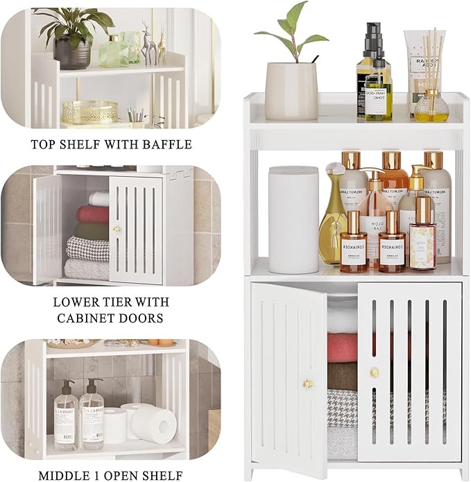 HAYOFAMY 3-Tier Bathroom Storage Cabinet, Small White Floor Cabinet Freestanding Organizer with Door for Living Room Hallway Small Space