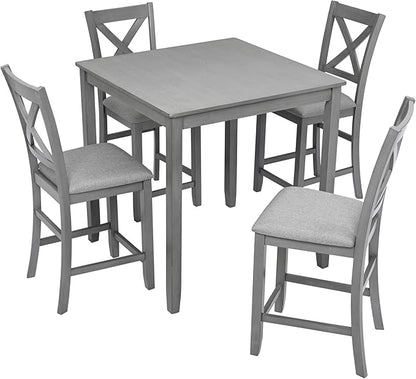 5 Piece Counter Height Dining Table Set for 4, Solid Wood Square Kitchen Table and 4 Upholstered Chairs, Modern Dining Room Table and Chairs Set for Kitchen and Dining Room, Gray
