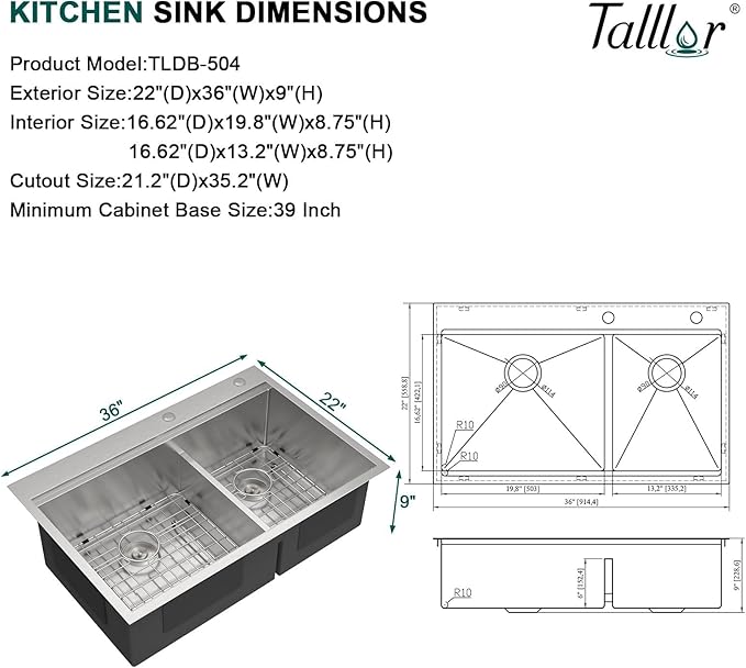 36x22 Inch Drop In Double Bowl Kitchen Sink - 16 Gauge 304 Stainless Steel 60/40 Workstation All-In One Large Sink with Cutting Board, and Two Holes #TLDB-504