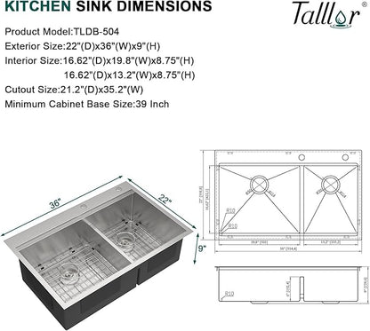 36x22 Inch Drop In Double Bowl Kitchen Sink - 16 Gauge 304 Stainless Steel 60/40 Workstation All-In One Large Sink with Cutting Board, and Two Holes #TLDB-504