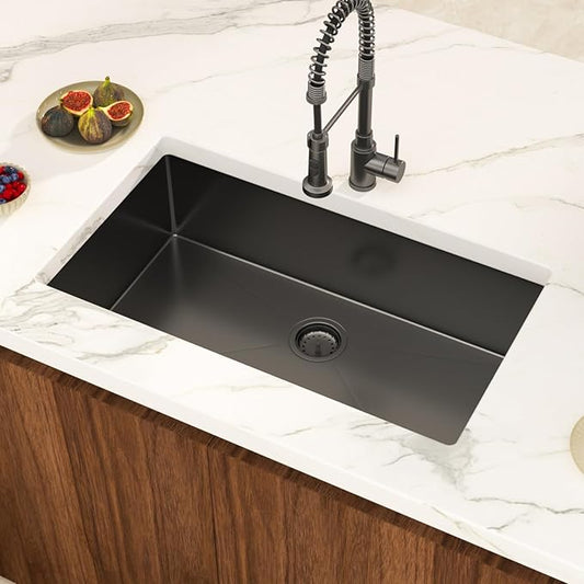 33 Inch Black Undermount Kitchen Sink Single Bowl 18 Guage Stainless Steel 33"x19"x9" Deep Under Counter Kitchen Sinks Basin R10 Round Corners Handmade Sink