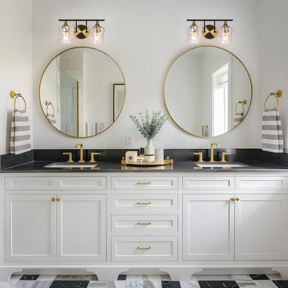 KSANA Bathroom Vanity Lights, 2-Light Black and Electroplated Brass Vanity Light Over Mirror Mid-Century Modern Bathroom Light Fixtures with Textured Glass, 14" L x 6.7" W x 7.3" H