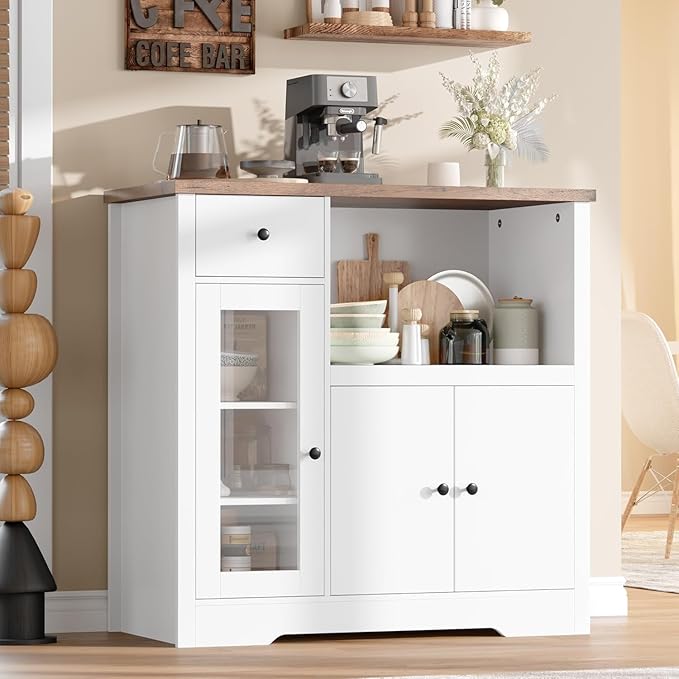 Storage Cabinet with Adjustable Shelves & Microwave Stand, Buffet Sideboard with Drawer, Single and Double Doors for Kitchen, Dining Room, White & Walnut