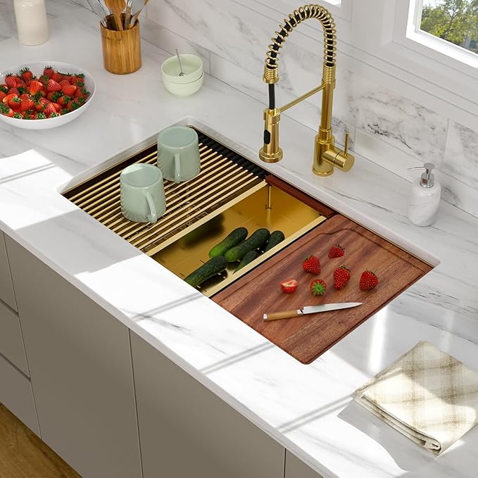 33x19 Undermount Gold Kitchen Sink - Beslend Stainless Steel Ledge Workstation Kitchen Sinks Gold Sink 16 Gauge Single Bowl Undermount Basin