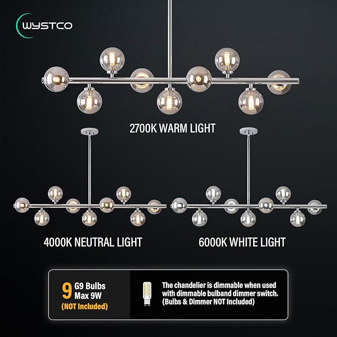 Mid Century Modern Glass Globe Sputnik Chandelier, 9-Light Linear Chandeliers for Dining Room, Kitchen Island, Living, Dining Light Fixture Over Table, Chrome and Smoke Grey Bubble, 40 Inch