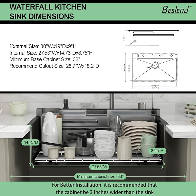 30 Inch Waterfall Kitchen Sink - Beslend 30x19 Drop In Waterfall Sink Nano Black Workstation Smart Sinks 16 Gauge Stainless Steel Single Bowl Black Basin with Faucet Combo