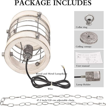 Retro Industrial Metal and Wood Chandelier 1-Light Round Cage Pendant Light Fixture for Kitchen Island Foyer Hallway Bar Dining Room Restaurant, D 7.9" x H 8.7" (White)