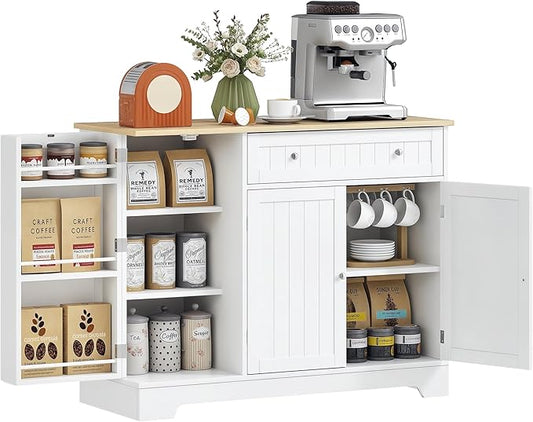 HOMCOM Modern Coffee Bar Cabinet with Storage, Sideboard Buffet Cabinet with Drawer, Adjustable Shelves, Small Kitchen Pantry with Door Shelves, White