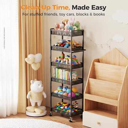 6 Tier Slim Storage Cart with Wheels, 10" D Rolling Storage Cart for Small Space, Metal Narrow Spice Cabinet Mobile Shelving Unit Organizer with Handle for Kitchen, Laundry - Black