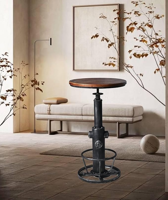 LOKKHAN Industrial Bar Table 38.6"-48.4" Height Adjustable Swivel Round Wood Tabletop 23.7" Dia, Kitchen Dining Office Coffee Bistro Pub Table