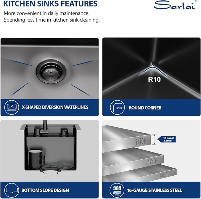 Sarlai Black Undermount Bar Sink With Foldable Faucet - 13x15 Inch Outdoor Black Kitchen Sink RV Workstation 16 Gauge Stainless Steel Single Bowl Handmade Outdoor BBQ Sinks with Lid
