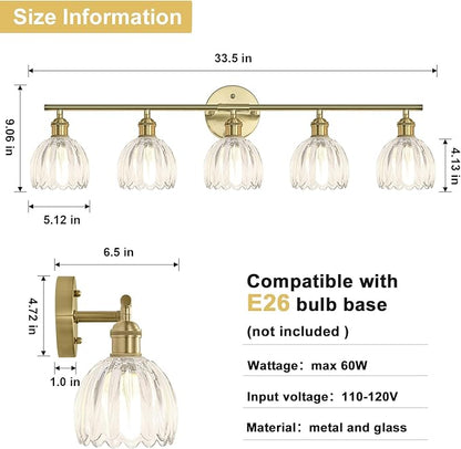 Vintage Bathroom Light Fixtures,5-Light Hardwired Vanity Lights with Clear Tulip Glass Shade,Gold Bathroom Vanity Light for Mirror Restroom,E26 Socket,33.46 in(Bulbs Not Included)