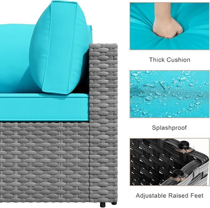 JAMFLY 7-Piece Outdoor Patio Furniture Set, Modular PE Rattan Sectional Sofa with Thick Cushions & Glass Coffee Table, Weather-Resistant Wicker Conversation Set for Poolside, Balcony, Garden, Blue