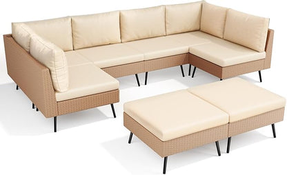 Pamapic 8-Piece Wicker Outdoor Furniture Set, All-Weather Patio Conversation Set with Thick Cushions & 2 Multi-Use Ottomans, Sectional Sofa Patio Furniture Set for Backyard, Porch, Beige
