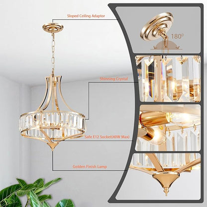 Crystal Chandeliers for Dining Room Modern Farmhouse 4-Light Rustic Mid Century Chandelier with Round Metal Lampshade, Perfect for Hallway Bedroom Foyer, Brush French Glod