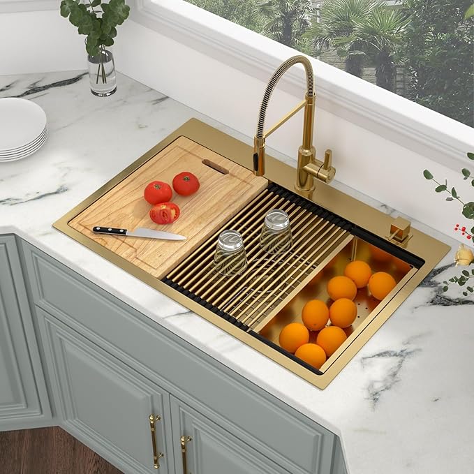 36 Inch Gold Kitchen Sink Workstation-Kichae 36x22 Drop In Kitchen Sinks 16 Gauge Stainless Steel Brushed Gold Single Bowl Large Handmade Basin with Cutting Board