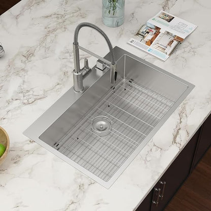 33x22 Drop In Kitchen Sink - Couoko 33 Inch 16 Gauge T304 Stainless Steel Drop In Sink Large Deep Handmade Single Bowl Kitchen Sinks with Accessories, 33"x22"x9"