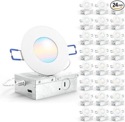 Sunco 24 Pack 3 Inch Recessed LED Lights, Ultra Thin Ceiling Lighting, 500 LM, 8W (50W Equivalent), Selectable CCT 2700K/3000K/4000K/5000K/6000K, Dimmable, Wafer Thin, Canless with Junction Box