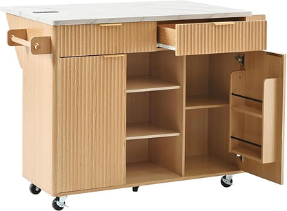 Modern Dining Table Kitchen Island with Drop, Power Outlet, Cart with Shelves, 2 Doors 2 Drawers, Rolling Table for Kitchen Living Room,Natural-MDF