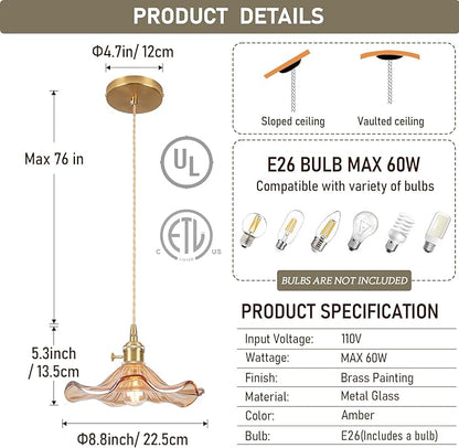 Glass Pendant Light Vintage Light Fixtures,Amber Modern Chandelier Pendant,E26 8.8" Adjustable Hanging Light,Flower Pendant Lights Kitchen Island for Farmhouse Entryway Dining Room 1 Light