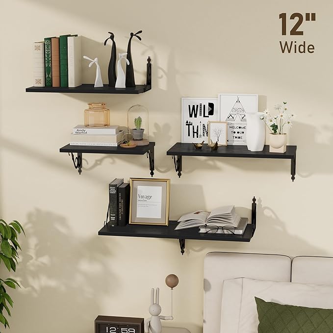 Dreamland Deep Floating Shelves, 31" W x 12" D Wall Shelves Set of 2, Wide Display Shelf Wall Mounted with Brackets, Bookshelf for Living Room, Bathroom, Bedroom, Black