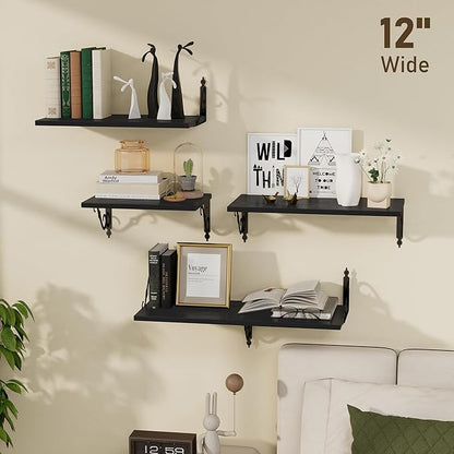 Dreamland Deep Floating Shelves, 31" W x 12" D Wall Shelves Set of 2, Wide Display Shelf Wall Mounted with Brackets, Bookshelf for Living Room, Bathroom, Bedroom, Black